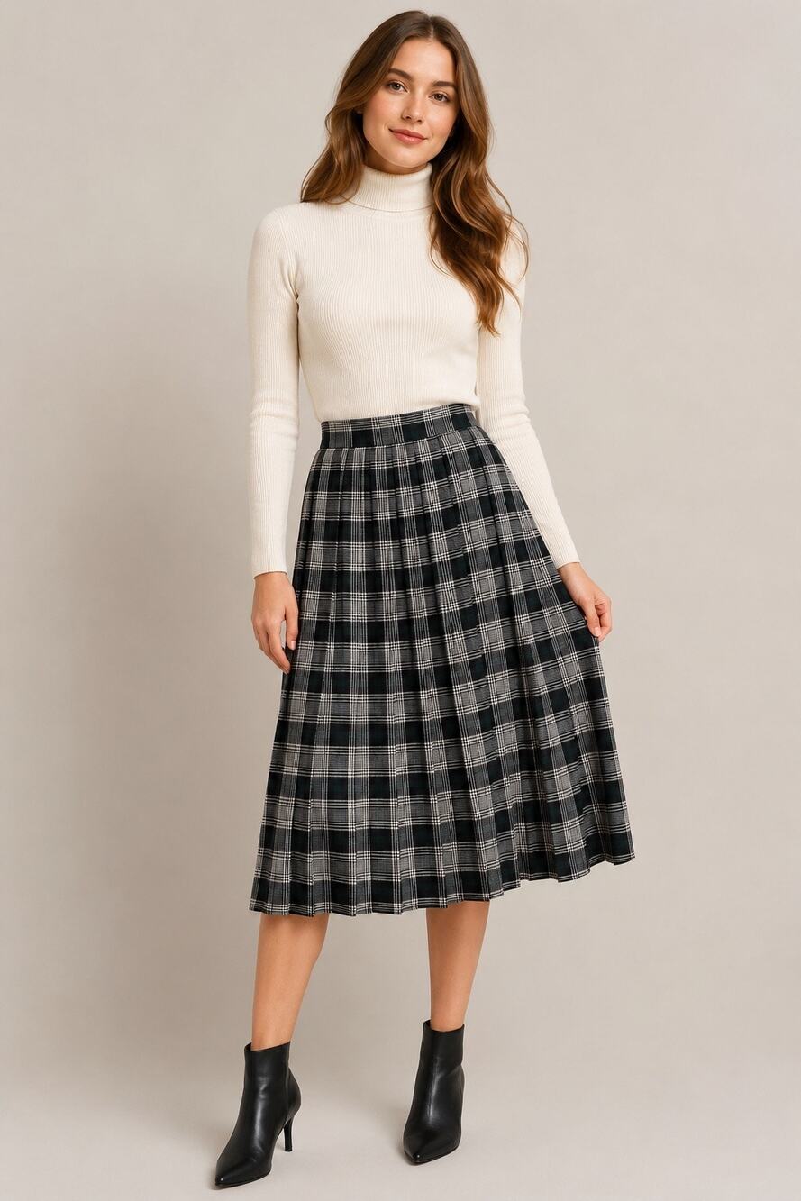 Vintage Talbots Wool Plaid Pleated Midi Skirt Size 10 Petite Blackwatch Tartan